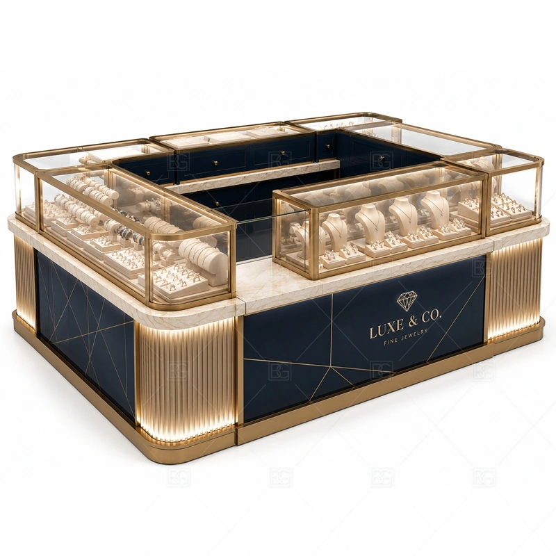 Navy Gold Jewelry Kiosk with Fluted Panels lighting detail for LED strips, showcase spotlights, and warmer jewelry lighting adjusted around fluted navy cladding, gold metal trim, and glass counters for the navy gold jewelry kiosk with fluted panels detail set