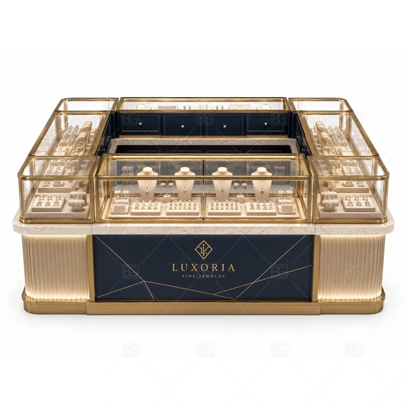 Navy Gold Jewelry Kiosk with Fluted Panels brand signage detail for gold-framed logo and vertical brand accents coordinated with warm gold accents for a premium jewelry presentation for the navy gold jewelry kiosk with fluted panels front presentation