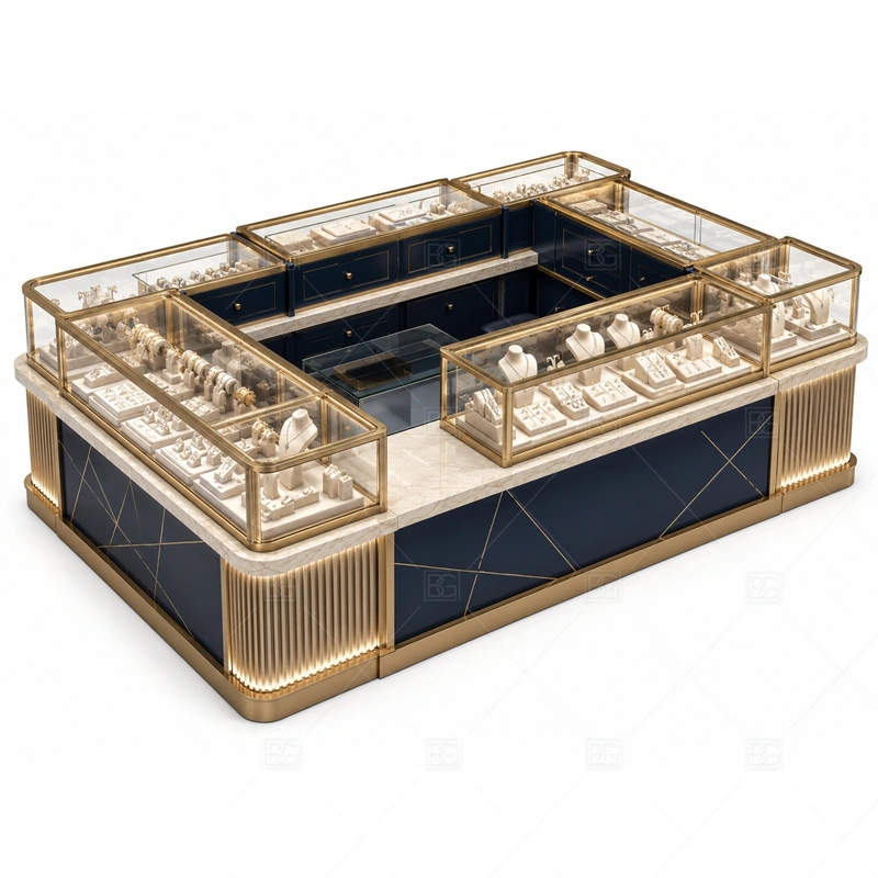 Navy Gold Jewelry Kiosk with Fluted Panels storage and security detail for under-counter tray drawers, lockable stock cabinets, POS space, and packaging storage planned for navy gold jewelry kiosk with fluted panels