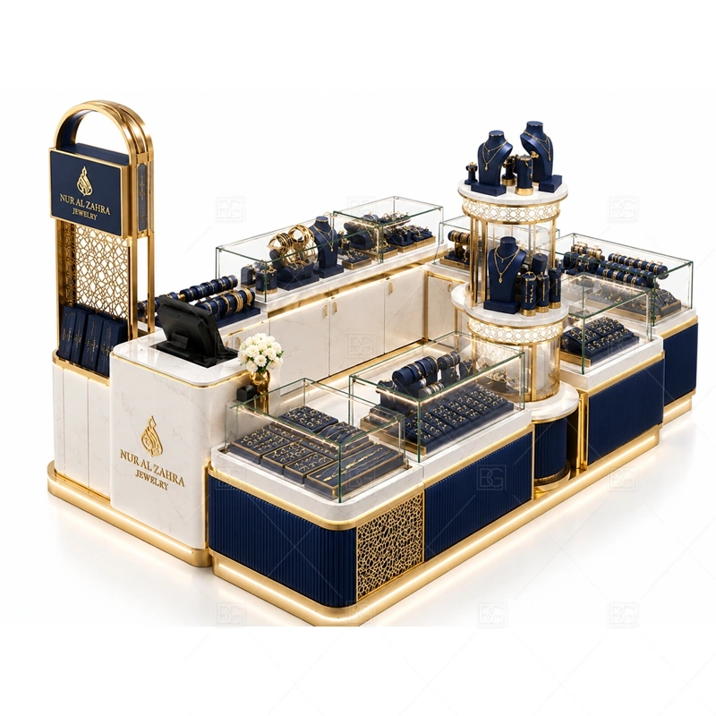 Navy Gold Jewelry Kiosk with Round Display with warm gold accents for a premium jewelry presentation shown in the navy gold jewelry kiosk with round display product photos, with rounded counter flow that softens customer movement around the showcases