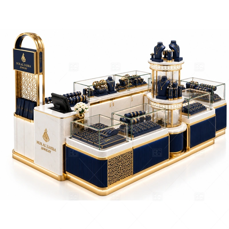 Navy Gold Jewelry Kiosk with Round Display layout showing round display island layout shown in the navy gold jewelry kiosk with round display product photos, with boutique mall traffic where shoppers need time to inspect small products closely