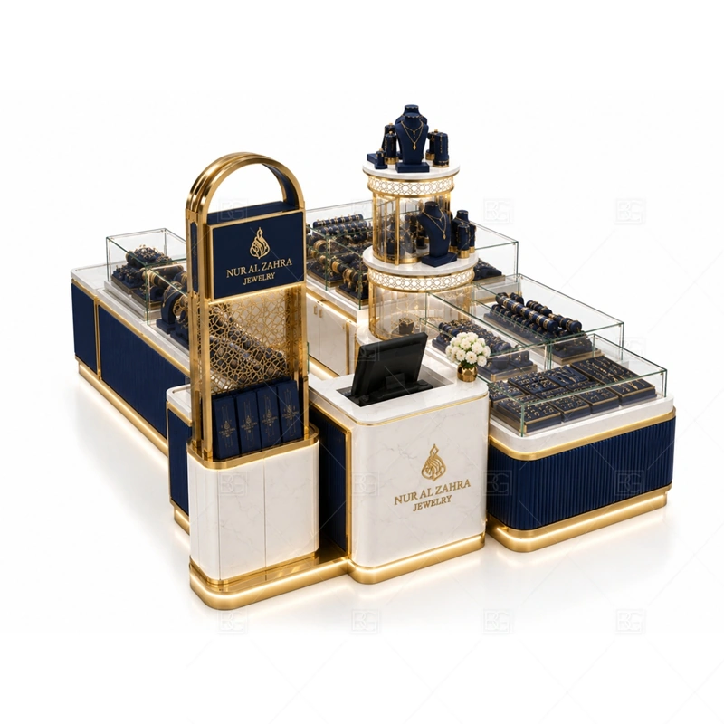 Navy Gold Jewelry Kiosk with Round Display glass display detail for round glass display zones for featured products planned for rings, necklaces, watches, bracelets, gift sets, and small accessories in the navy gold jewelry kiosk with round display layout