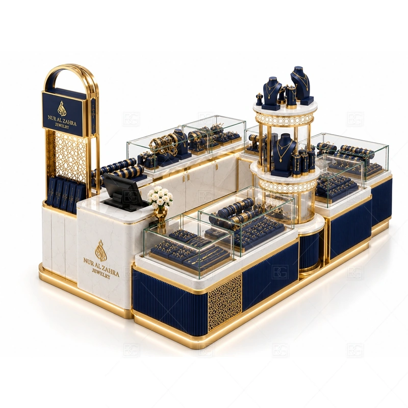 Navy Gold Jewelry Kiosk with Round Display lighting detail for LED strips, showcase spotlights, and warmer jewelry lighting adjusted around navy cabinet finish, gold trim, and curved glass for the navy gold jewelry kiosk with round display detail set