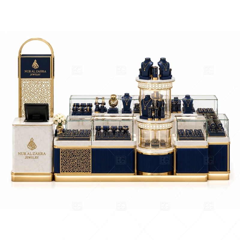 Navy Gold Jewelry Kiosk with Round Display brand signage detail for coordinated logo signs with gold accents coordinated with warm gold accents for a premium jewelry presentation for the navy gold jewelry kiosk with round display front presentation