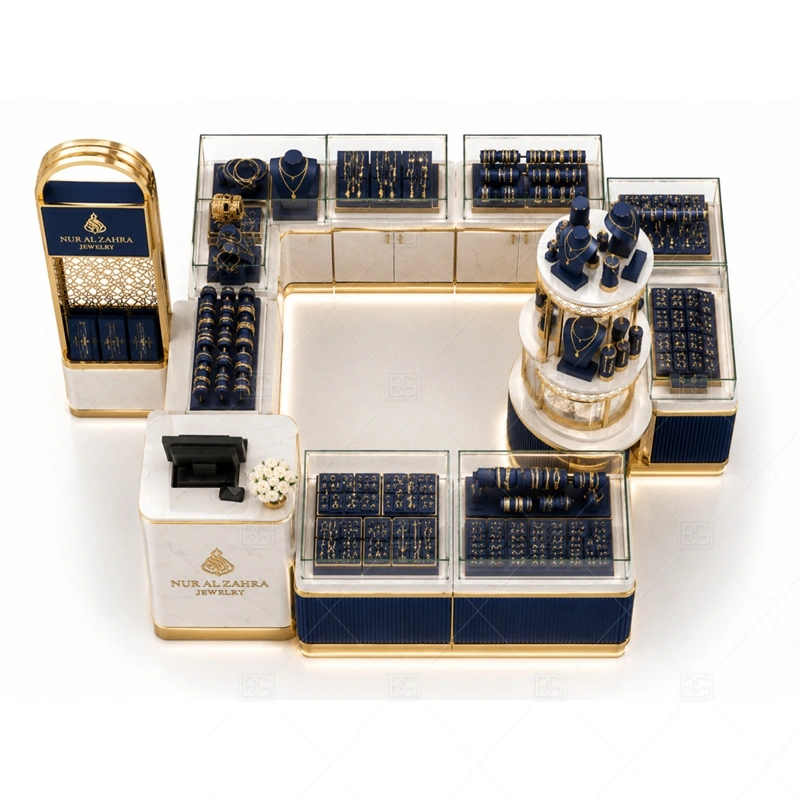 Navy Gold Jewelry Kiosk with Round Display storage and security detail for under-counter tray drawers, lockable stock cabinets, POS space, and packaging storage planned for navy gold jewelry kiosk with round display