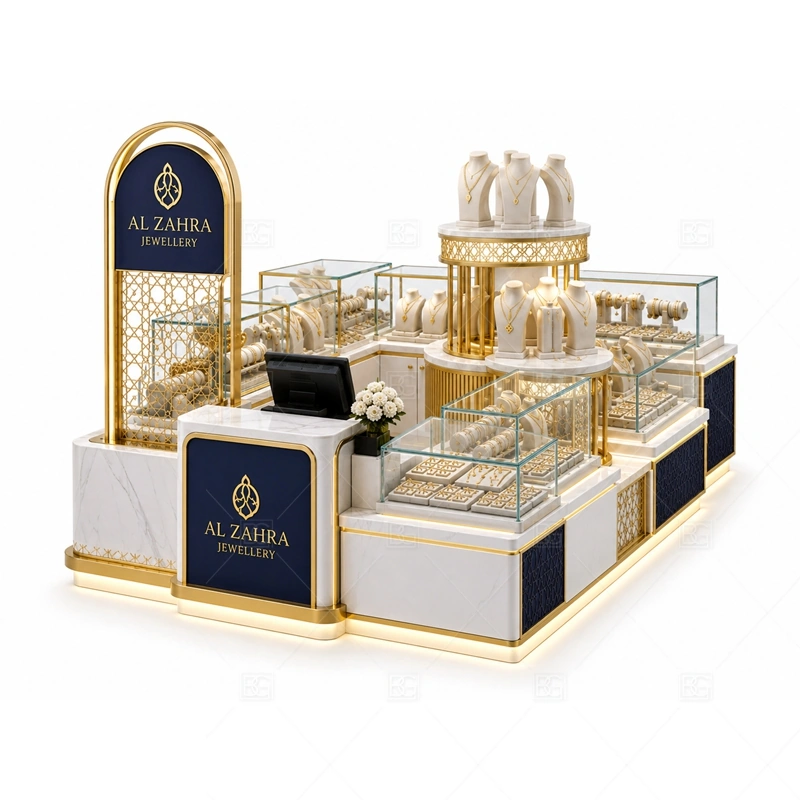 Navy Luxury Jewelry Kiosk with Tall Sign with navy cabinet color for a more refined high-value display mood shown in the navy luxury jewelry kiosk with tall sign product photos, with tall signage planning for long-distance mall visibility