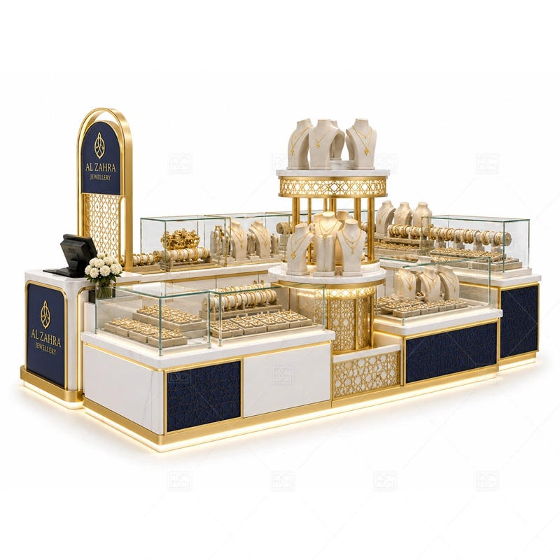 Navy Luxury Jewelry Kiosk with Tall Sign layout showing island layout with tall brand visibility shown in the navy luxury jewelry kiosk with tall sign product photos, with premium retail traffic where lighting, glass clarity, and brand finish affect purchase confidence