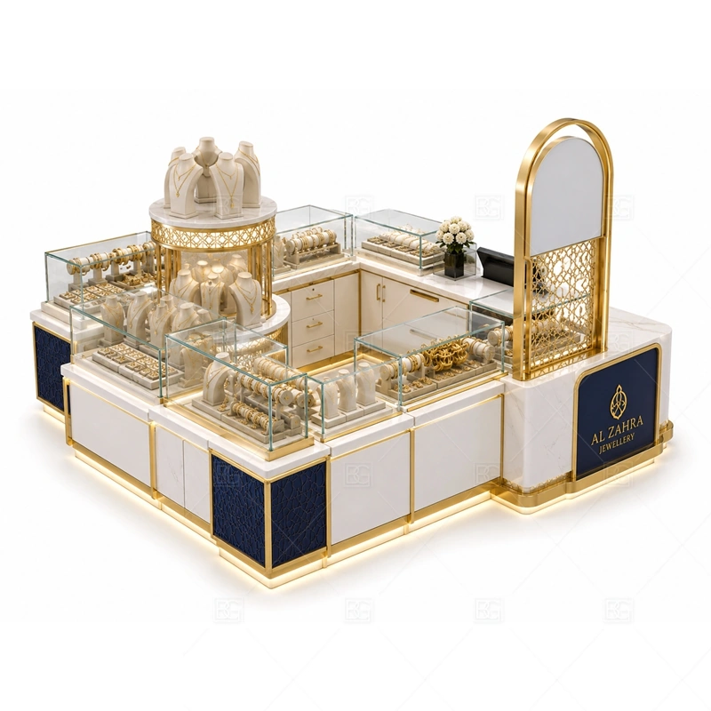 Navy Luxury Jewelry Kiosk with Tall Sign glass display detail for glass showcases on multiple sides planned for rings, necklaces, watches, bracelets, gift sets, and small accessories in the navy luxury jewelry kiosk with tall sign layout