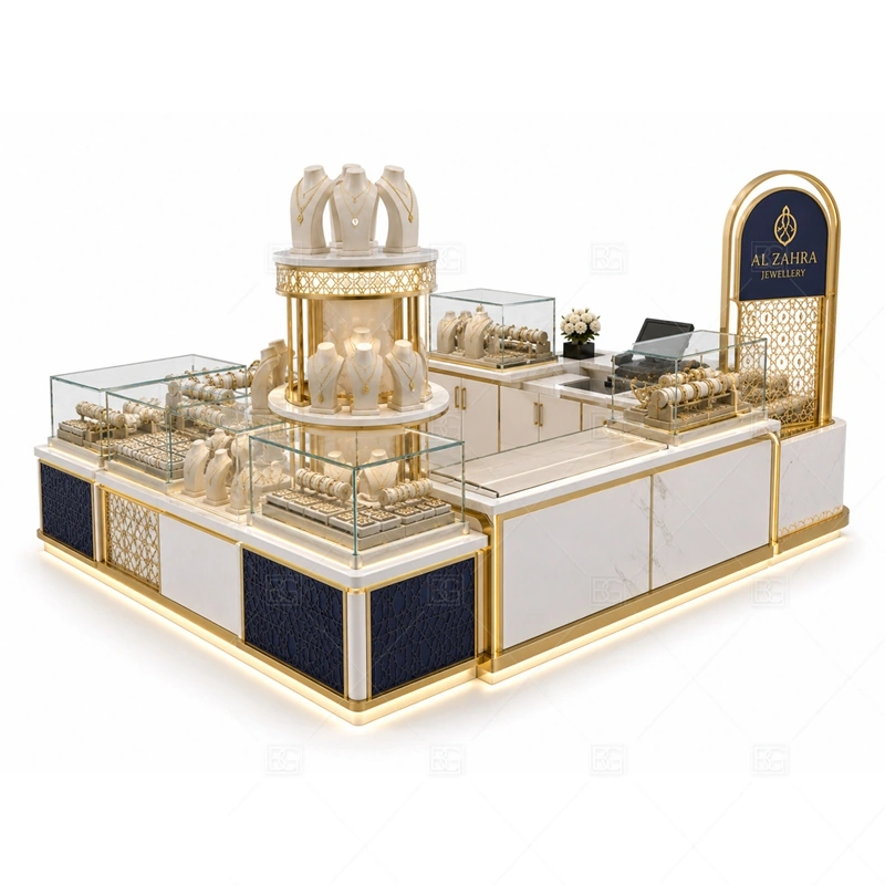 Navy Luxury Jewelry Kiosk with Tall Sign lighting detail for LED strips, showcase spotlights, and warmer jewelry lighting adjusted around navy panels, metal trim, glass showcases, and sign structure for the navy luxury jewelry kiosk with tall sign detail set
