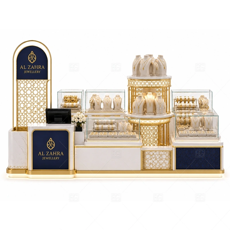 Navy Luxury Jewelry Kiosk with Tall Sign brand signage detail for tall illuminated logo sign for mall visibility coordinated with navy cabinet color for a more refined high-value display mood for the navy luxury jewelry kiosk with tall sign front presentation
