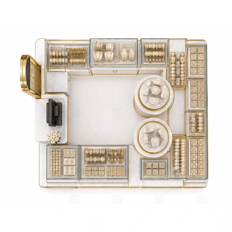 Navy Luxury Jewelry Kiosk with Tall Sign storage and security detail for under-counter tray drawers, lockable stock cabinets, POS space, and packaging storage planned for navy luxury jewelry kiosk with tall sign