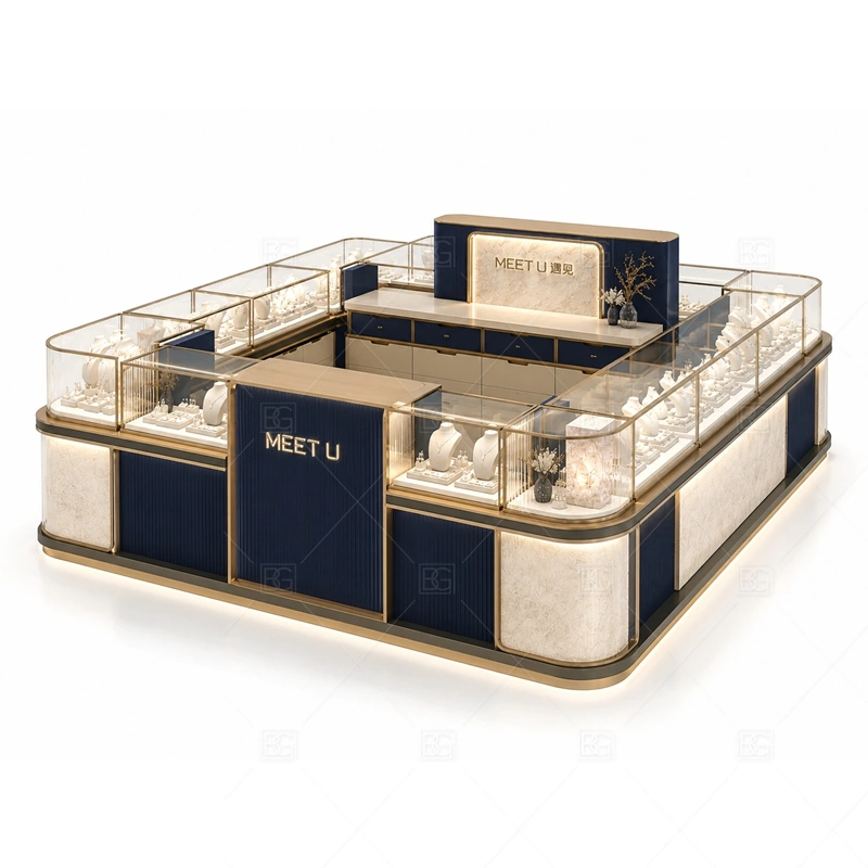 Navy Rounded Jewelry Kiosk with Glass Counters with navy cabinet color for a more refined high-value display mood shown in the navy rounded jewelry kiosk with glass counters product photos, with rounded counter flow that softens customer movement around the showcases