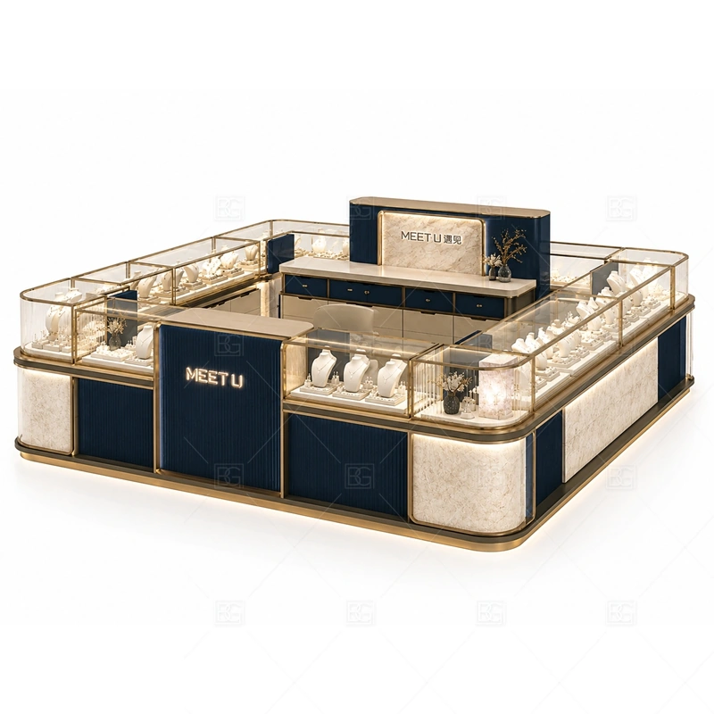 Navy Rounded Jewelry Kiosk with Glass Counters layout showing rounded island counter layout shown in the navy rounded jewelry kiosk with glass counters product photos, with gift-shopping traffic where quick browsing and secure staff access need to work together