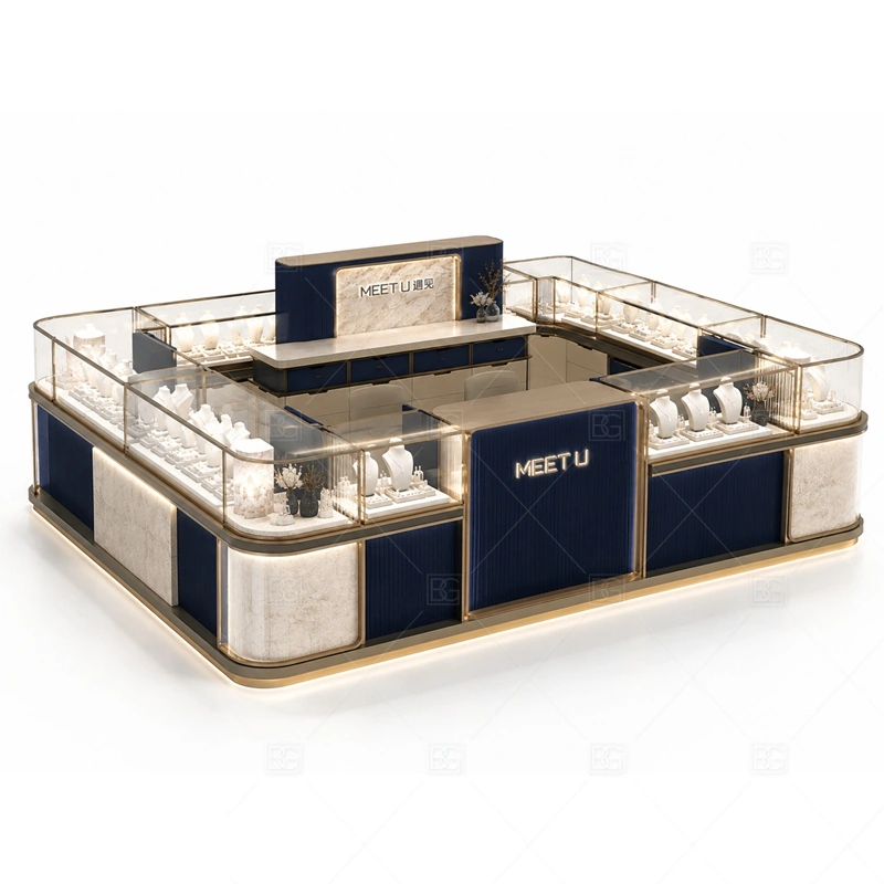 Navy Rounded Jewelry Kiosk with Glass Counters glass display detail for glass counters following the rounded shape planned for rings, necklaces, watches, bracelets, gift sets, and small accessories in the navy rounded jewelry kiosk with glass counters layout