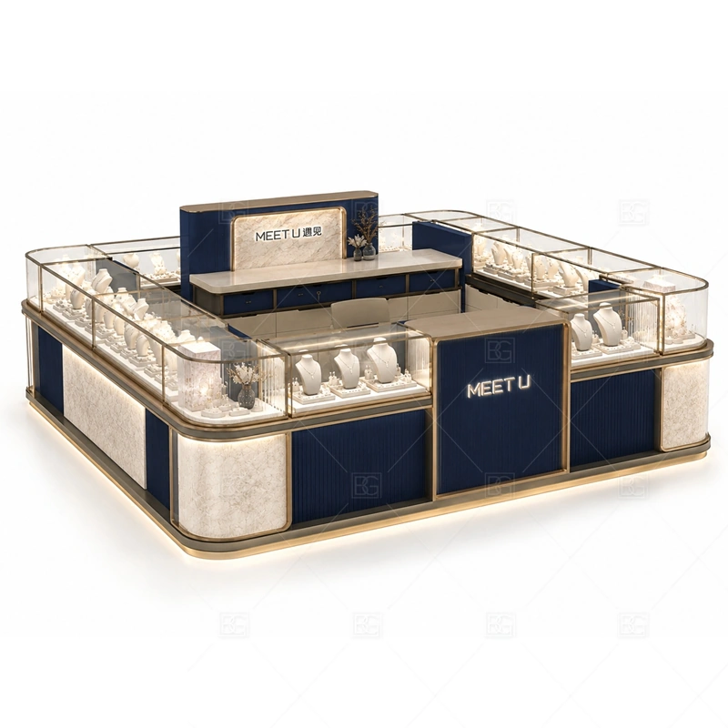 Navy Rounded Jewelry Kiosk with Glass Counters lighting detail for LED strips, showcase spotlights, and warmer jewelry lighting adjusted around navy cabinet panels, rounded corners, and tempered glass for the navy rounded jewelry kiosk with glass counters detail set