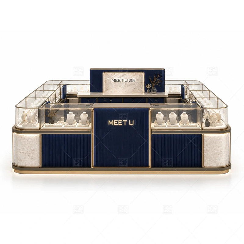 Navy Rounded Jewelry Kiosk with Glass Counters brand signage detail for front logo panel and subtle lit branding coordinated with navy cabinet color for a more refined high-value display mood for the navy rounded jewelry kiosk with glass counters front presentation
