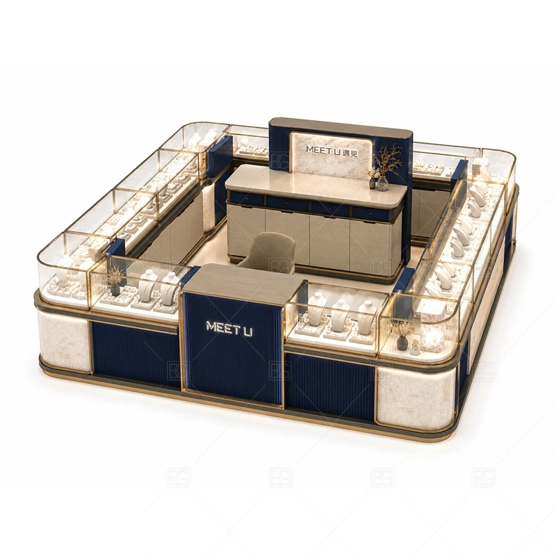 Navy Rounded Jewelry Kiosk with Glass Counters storage and security detail for under-counter tray drawers, lockable stock cabinets, POS space, and packaging storage planned for navy rounded jewelry kiosk with glass counters