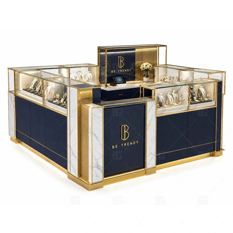 Navy Square Jewelry Kiosk with Glass Cases with navy cabinet color for a more refined high-value display mood shown in the navy square jewelry kiosk with glass cases product photos, with square island planning for organized multi-side browsing