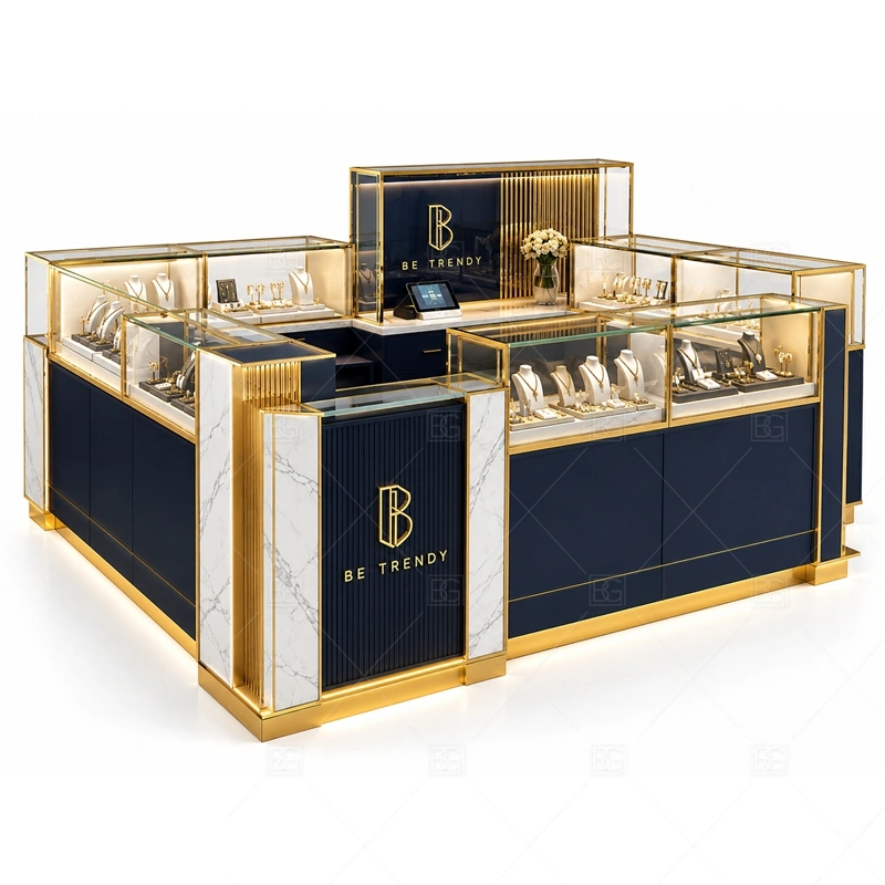 Navy Square Jewelry Kiosk with Glass Cases layout showing square island booth layout shown in the navy square jewelry kiosk with glass cases product photos, with center-court traffic with customers approaching from several sides