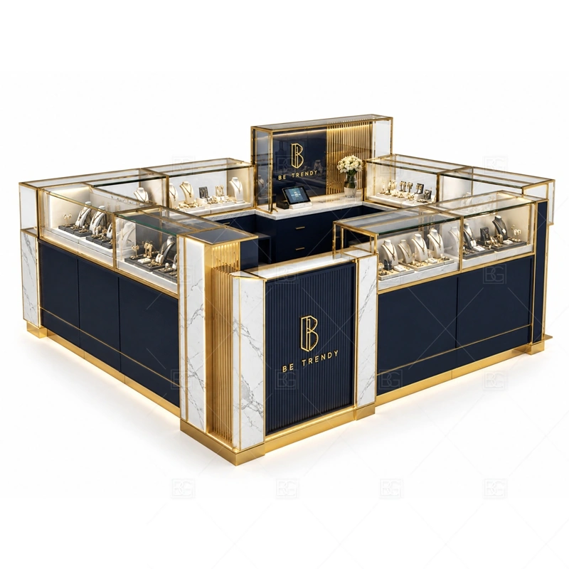 Navy Square Jewelry Kiosk with Glass Cases glass display detail for organized glass cases on straight counter runs planned for rings, necklaces, watches, bracelets, gift sets, and small accessories in the navy square jewelry kiosk with glass cases layout