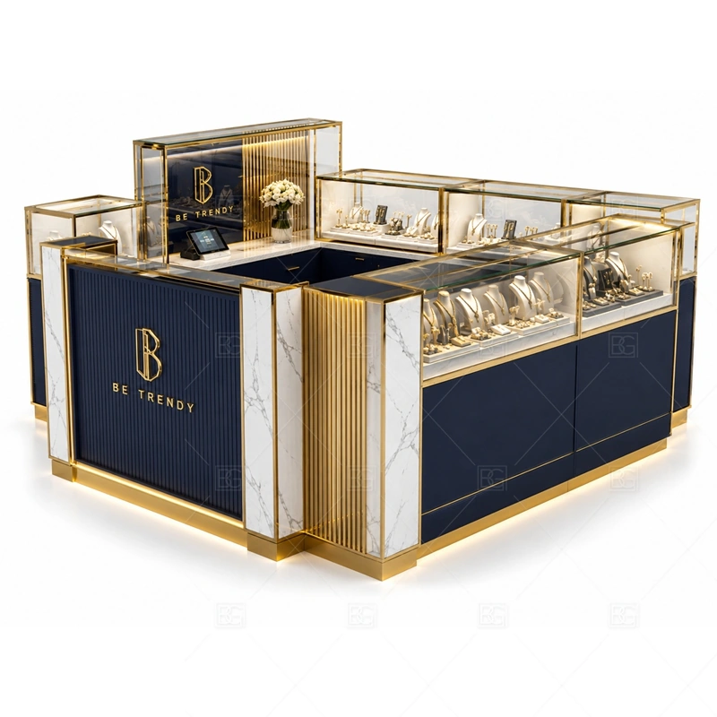 Navy Square Jewelry Kiosk with Glass Cases lighting detail for LED strips, showcase spotlights, and warmer jewelry lighting adjusted around navy cabinet panels, glass cases, and metal trim for the navy square jewelry kiosk with glass cases detail set