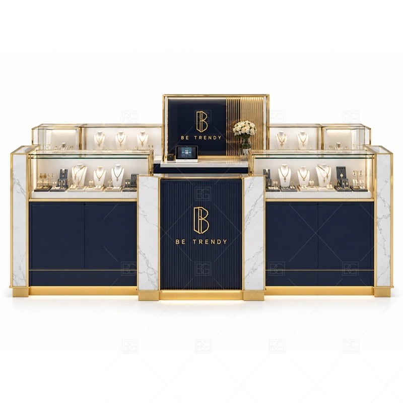 Navy Square Jewelry Kiosk with Glass Cases brand signage detail for front and side logo branding coordinated with navy cabinet color for a more refined high-value display mood for the navy square jewelry kiosk with glass cases front presentation