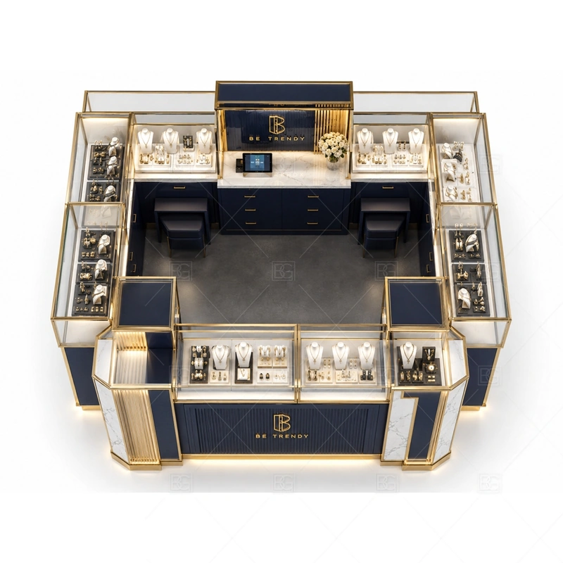 Navy Square Jewelry Kiosk with Glass Cases storage and security detail for under-counter tray drawers, lockable stock cabinets, POS space, and packaging storage planned for navy square jewelry kiosk with glass cases