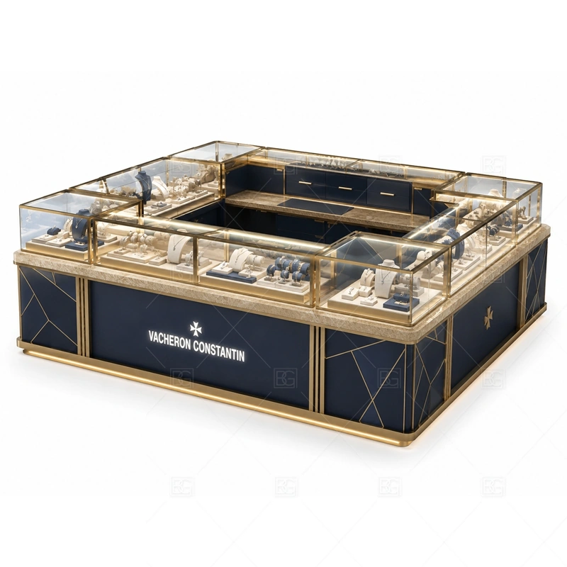 Navy Square Jewelry Kiosk with Gold Frames with warm gold accents for a premium jewelry presentation shown in the navy square jewelry kiosk with gold frames product photos, with square island planning for organized multi-side browsing