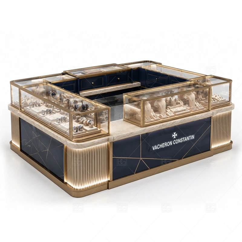 Navy Square Jewelry Kiosk with Gold Frames layout showing square island layout with framed display edges shown in the navy square jewelry kiosk with gold frames product photos, with premium retail traffic where lighting, glass clarity, and brand finish affect purchase confidence