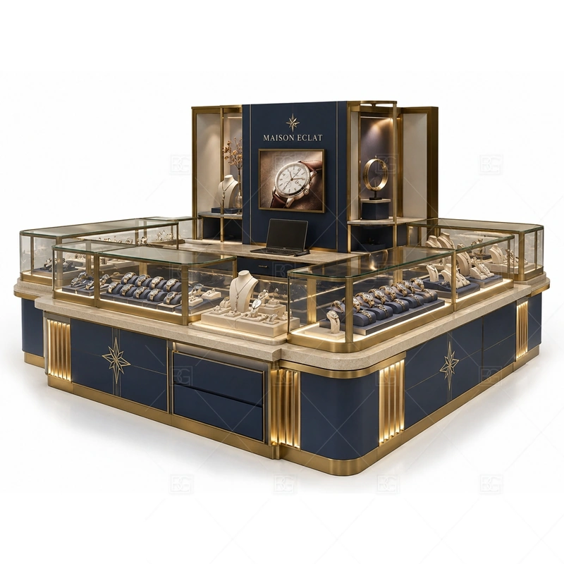 Navy Square Jewelry Kiosk with Gold Frames glass display detail for glass showcases framed by gold accents planned for rings, necklaces, watches, bracelets, gift sets, and small accessories in the navy square jewelry kiosk with gold frames layout