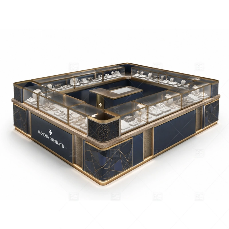 Navy Square Jewelry Kiosk with Gold Frames lighting detail for LED strips, showcase spotlights, and warmer jewelry lighting adjusted around navy panels, gold frames, and tempered glass for the navy square jewelry kiosk with gold frames detail set