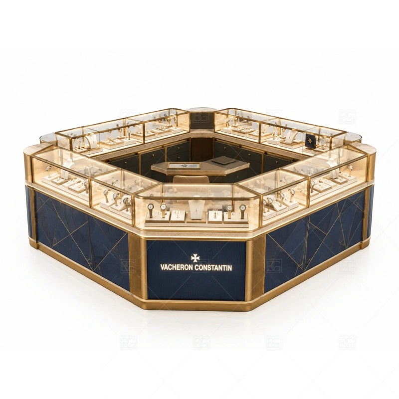 Navy Square Jewelry Kiosk with Gold Frames brand signage detail for gold-framed sign and brand panels coordinated with warm gold accents for a premium jewelry presentation for the navy square jewelry kiosk with gold frames front presentation
