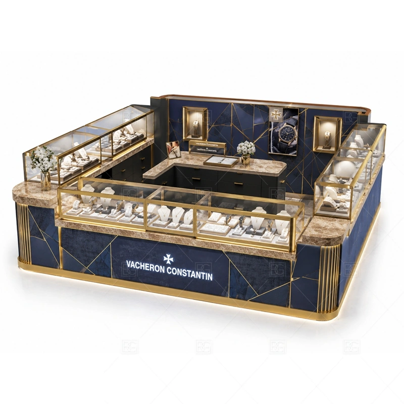 Navy Square Jewelry Kiosk with Gold Frames storage and security detail for under-counter tray drawers, lockable stock cabinets, POS space, and packaging storage planned for navy square jewelry kiosk with gold frames