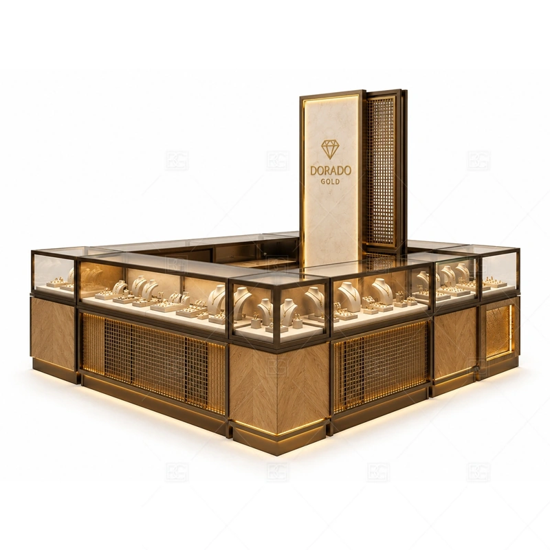 Personalized Jewelry Kiosk Solutions glass display detail for customized glass display counters planned around the buyer's jewelry category planned for rings, necklaces, watches, bracelets, gift sets, and small accessories in the personalized jewelry kiosk solutions layout