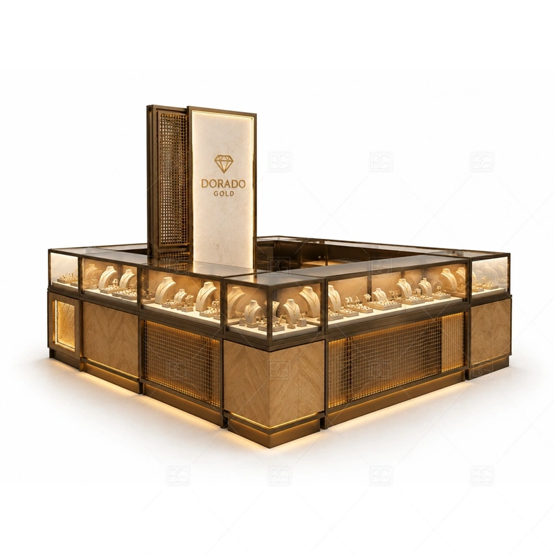 Personalized Jewelry Kiosk Solutions lighting detail for LED strips, showcase spotlights, and warmer jewelry lighting adjusted around custom cabinet finish, glass counters, metal trim, lighting, and tailored logo details for the personalized jewelry kiosk solutions detail set