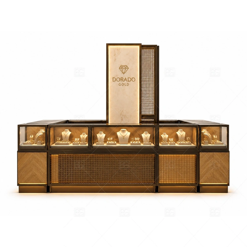 Personalized Jewelry Kiosk Solutions storage and security detail for under-counter tray drawers, lockable stock cabinets, POS space, and packaging storage planned for personalized jewelry kiosk solutions