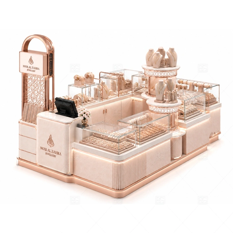 Pink Glass Jewelry Kiosk for Mall with pink surfaces for fashion jewelry, gifting, and softer customer appeal shown in the pink glass jewelry kiosk for mall product photos, with glass showcase planning for secure jewelry display and clear product viewing