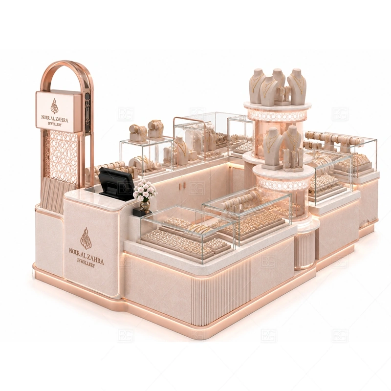 Pink Glass Jewelry Kiosk for Mall layout showing mall island layout with soft color styling shown in the pink glass jewelry kiosk for mall product photos, with gift-shopping traffic where quick browsing and secure staff access need to work together