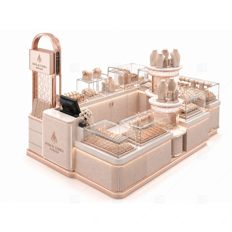 Pink Glass Jewelry Kiosk for Mall glass display detail for glass showcases for fashion jewelry and small accessories planned for rings, necklaces, watches, bracelets, gift sets, and small accessories in the pink glass jewelry kiosk for mall layout