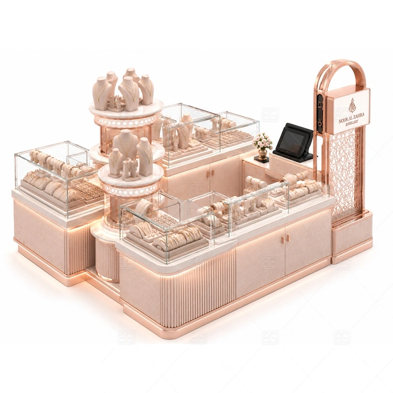 Pink Glass Jewelry Kiosk for Mall lighting detail for LED strips, showcase spotlights, and warmer jewelry lighting adjusted around pink cabinet panels, tempered glass, and metal accents for the pink glass jewelry kiosk for mall detail set
