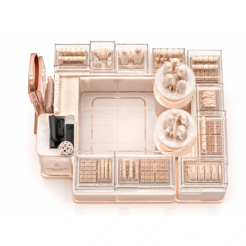 Pink Glass Jewelry Kiosk for Mall storage and security detail for under-counter tray drawers, lockable stock cabinets, POS space, and packaging storage planned for pink glass jewelry kiosk for mall