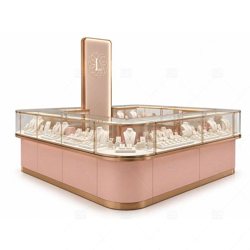 Pink Jewelry Kiosk with Gold Display Counter with warm gold accents for a premium jewelry presentation shown in the pink jewelry kiosk with gold display counter product photos, with balanced glass counter planning for jewelry, watch, and accessory display