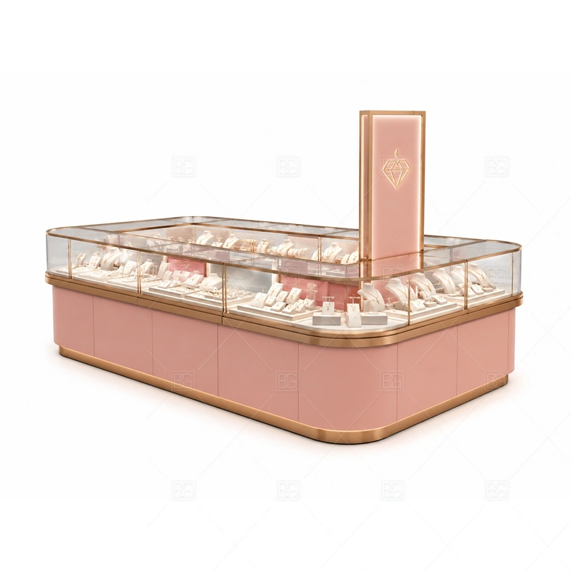 Pink Jewelry Kiosk with Gold Display Counter layout showing fashion island counter layout shown in the pink jewelry kiosk with gold display counter product photos, with gift-shopping traffic where quick browsing and secure staff access need to work together