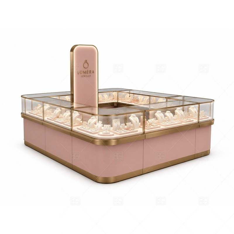Pink Jewelry Kiosk with Gold Display Counter glass display detail for gold-accented glass display counters planned for rings, necklaces, watches, bracelets, gift sets, and small accessories in the pink jewelry kiosk with gold display counter layout