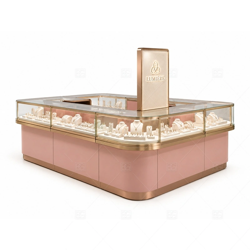 Pink Jewelry Kiosk with Gold Display Counter lighting detail for LED strips, showcase spotlights, and warmer jewelry lighting adjusted around pink finish, gold trim, and glass counter displays for the pink jewelry kiosk with gold display counter detail set