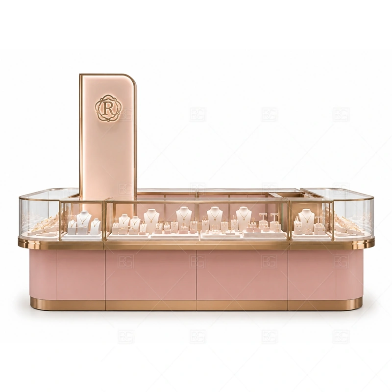Pink Jewelry Kiosk with Gold Display Counter brand signage detail for front logo area matched to the pink gold palette coordinated with warm gold accents for a premium jewelry presentation for the pink jewelry kiosk with gold display counter front presentation