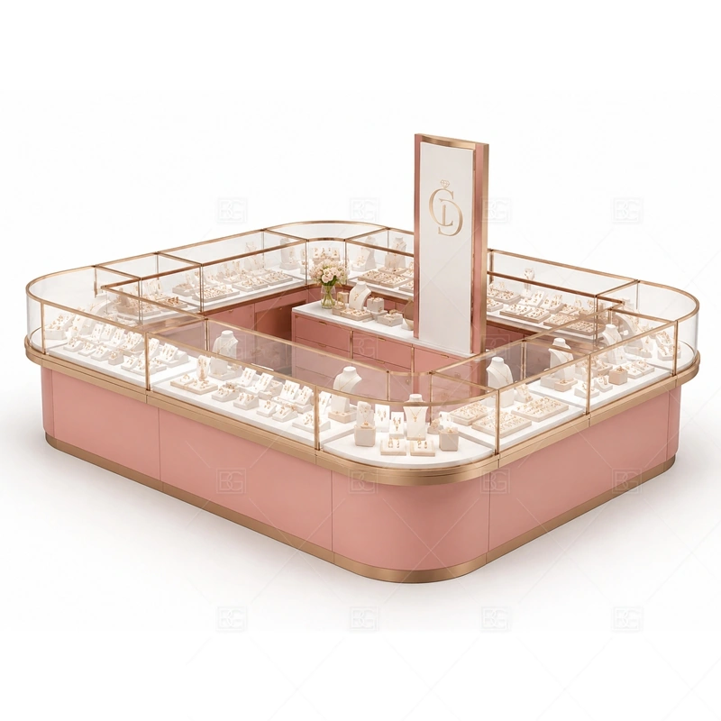 Pink Jewelry Kiosk with Gold Display Counter storage and security detail for under-counter tray drawers, lockable stock cabinets, POS space, and packaging storage planned for pink jewelry kiosk with gold display counter