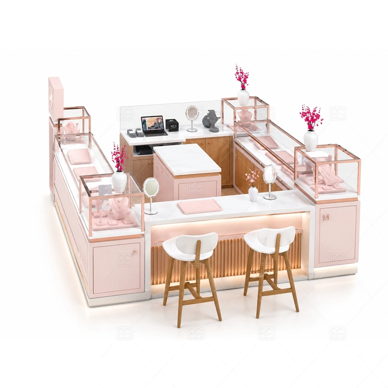 Pink Jewelry Kiosk with Seating Area layout showing service layout with customer seating zone shown in the pink jewelry kiosk with seating area product photos, with gift-shopping traffic where quick browsing and secure staff access need to work together