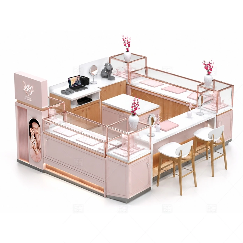 Pink Jewelry Kiosk with Seating Area glass display detail for glass display counters near consultation space planned for rings, necklaces, watches, bracelets, gift sets, and small accessories in the pink jewelry kiosk with seating area layout