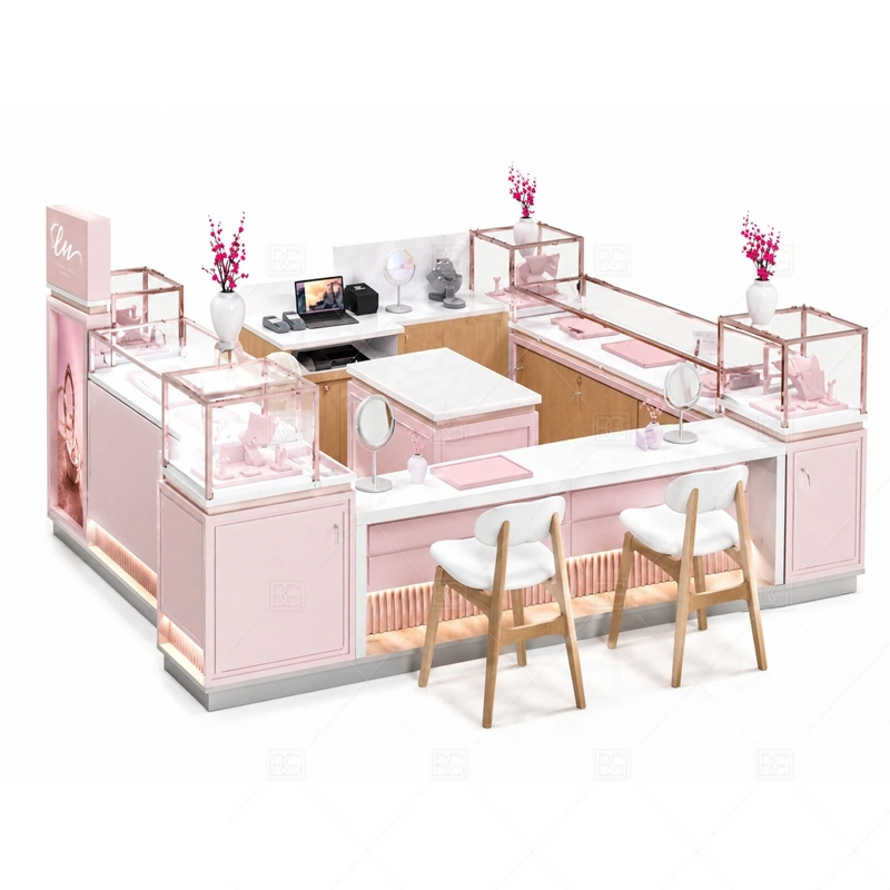 Pink Jewelry Kiosk with Seating Area lighting detail for LED strips, showcase spotlights, and warmer jewelry lighting adjusted around pink panels, glass showcases, and integrated seating materials for the pink jewelry kiosk with seating area detail set